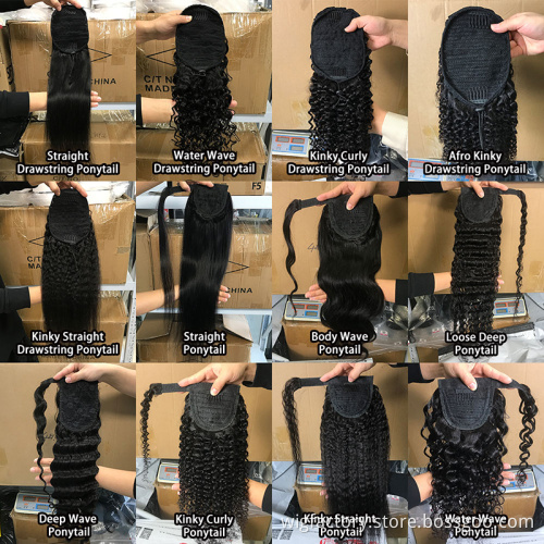 Wholesale straight private label clip in ponytail hair extensions, raw cuticle aligned brazilian clip in ponytail hair pieces